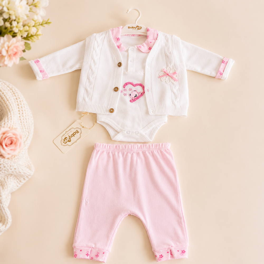 Set body maneca lunga, vesta si pantaloni fetite Babyim 100% bumbac roz 0-9 luni [3]