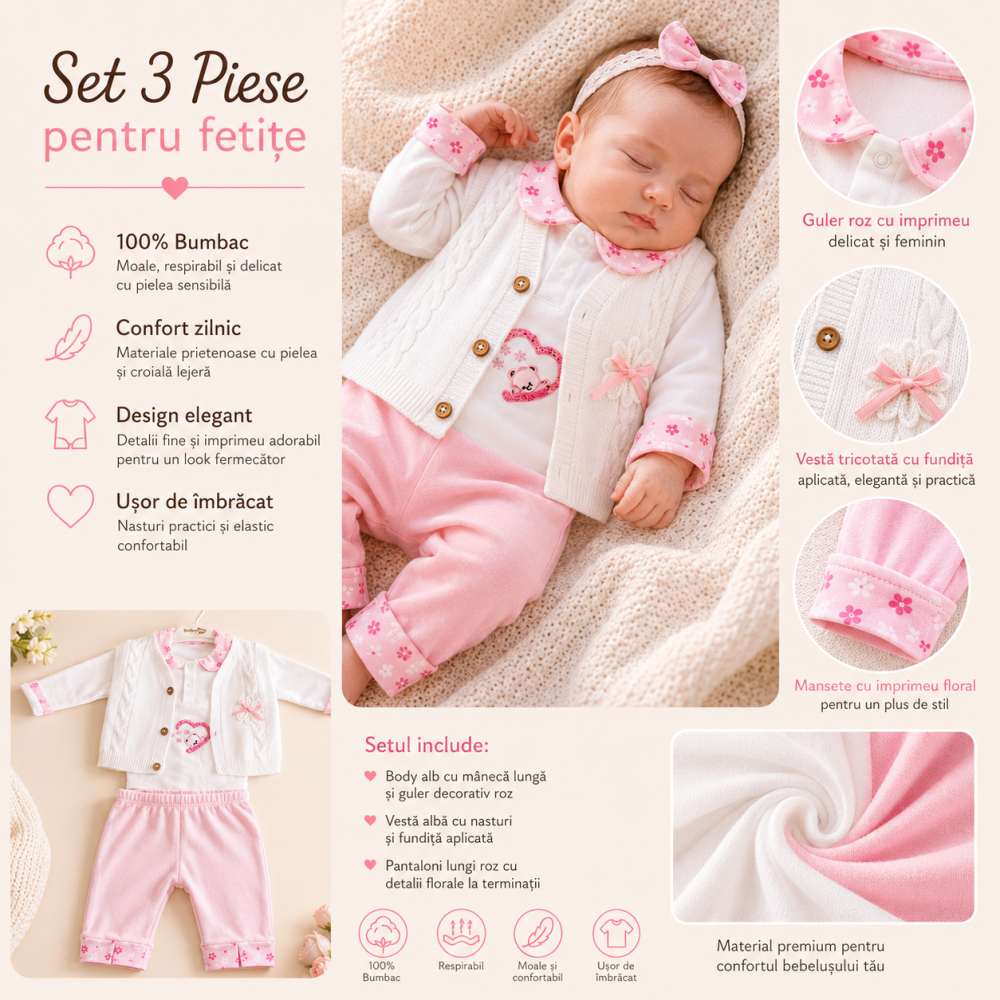 Set 3 piese copii body maneca lunga, vesta si pantaloni fetite Babyim 100% bumbac roz [2]