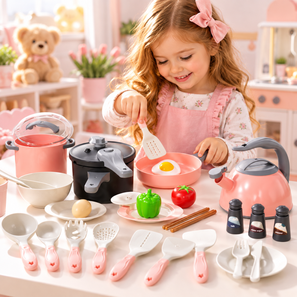 Set de bucatarie pentru copii, 32 piese, oale, tigaie, ceainic, ustensile si alimente de jucarie, roz, 3 ani+ [2]