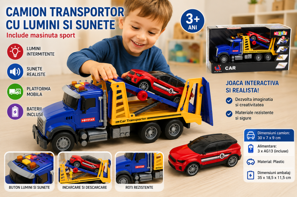 Set Camion transportor auto Bebelul cu lumini si sunete albastru 3 ani+ [4]