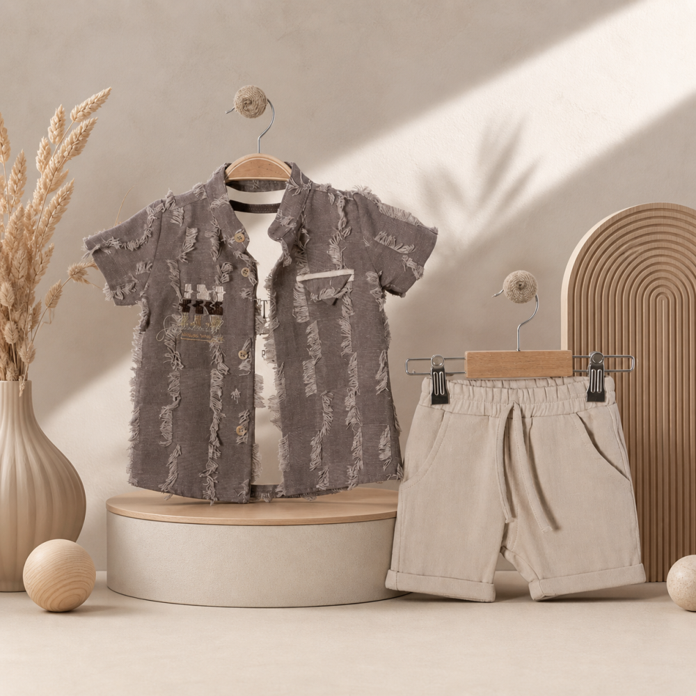 Set copii vara camasa tricou si pantaloni scurti bej texturat casual [3]