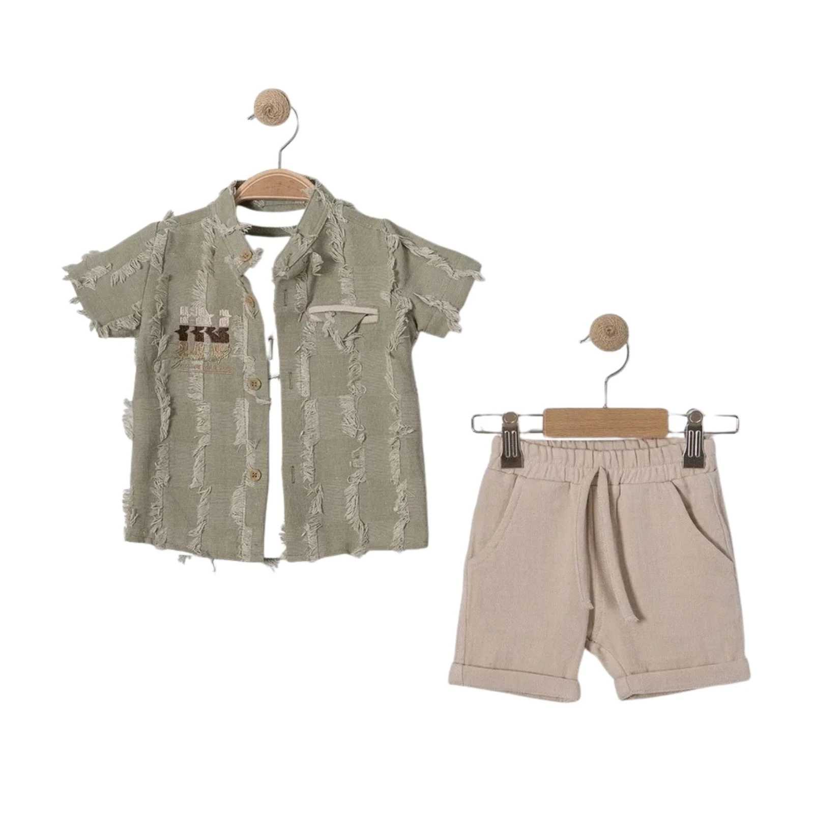 Set copii vara camasa verde tricou si pantaloni scurti bej texturat casual [3]
