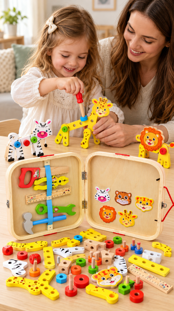 Set creativ din lemn cu animale de asamblat in valiza, 59 piese [4]