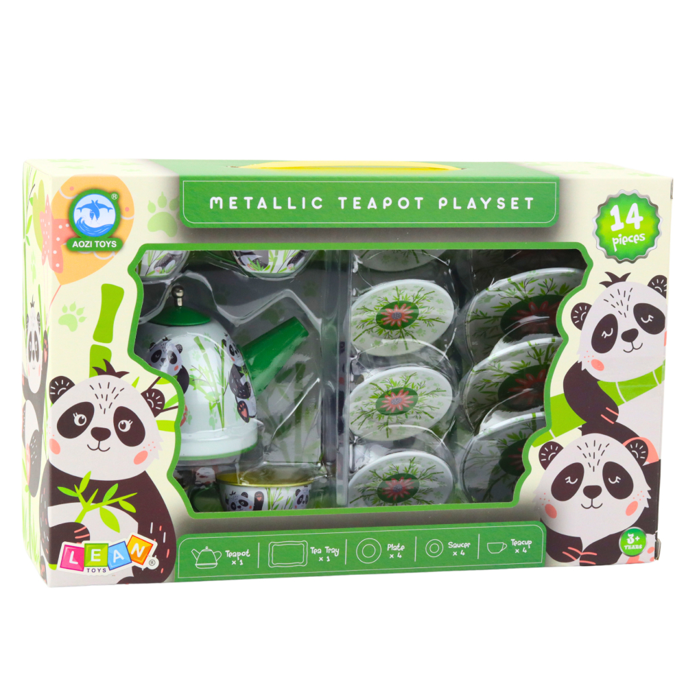 Set de Ceai Metalic Lean Toys cu 14 Piese, Tema Panda si Bambus, Verde, 3 ani+ [5]