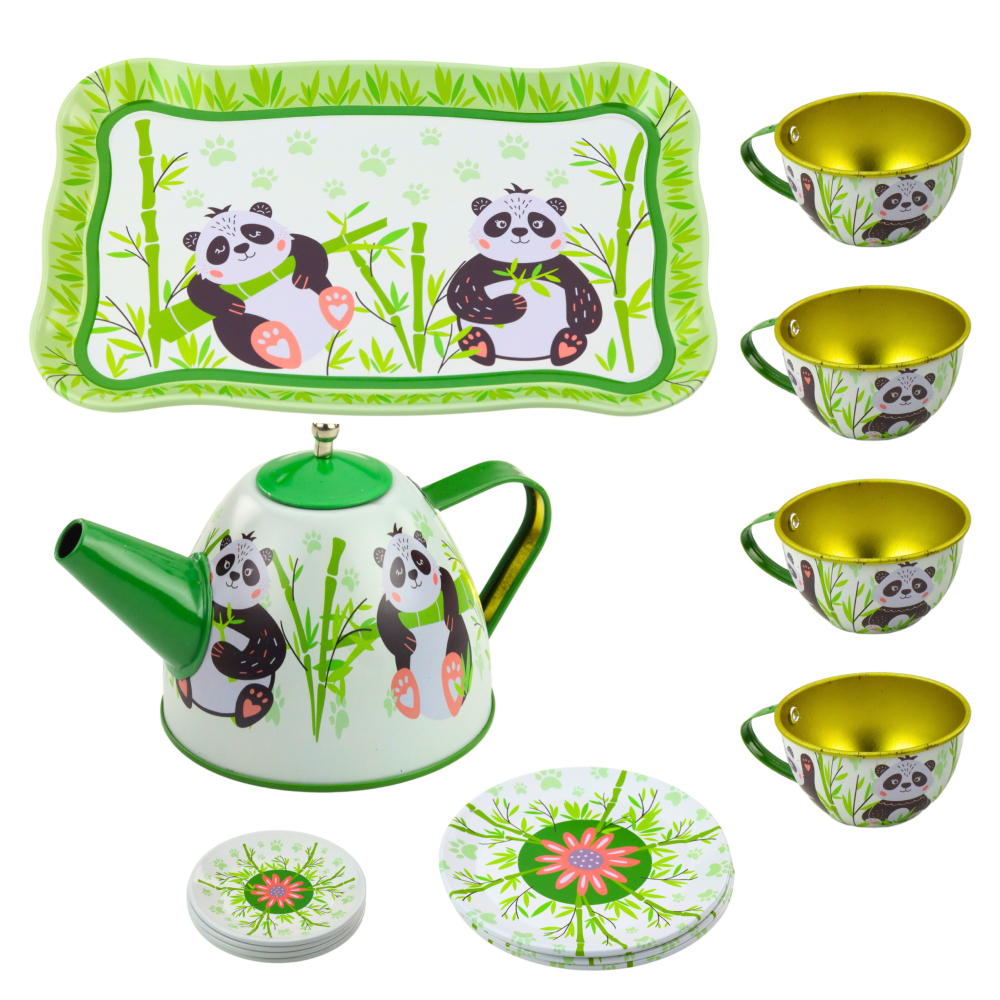 Set de Ceai Metalic Lean Toys cu 14 Piese, Tema Panda si Bambus, Verde, 3 ani+ [3]