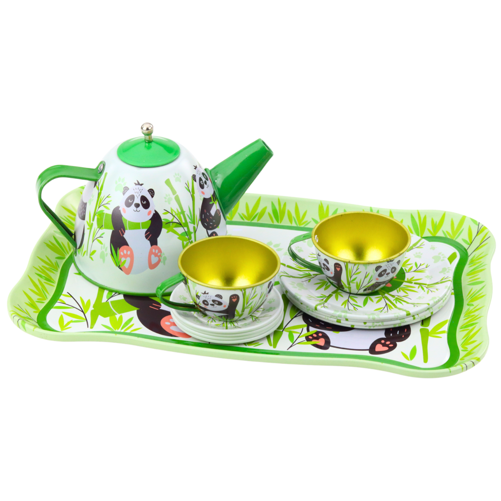 Set de Ceai Metalic Lean Toys cu 14 Piese, Tema Panda si Bambus, Verde, 3 ani+ [4]