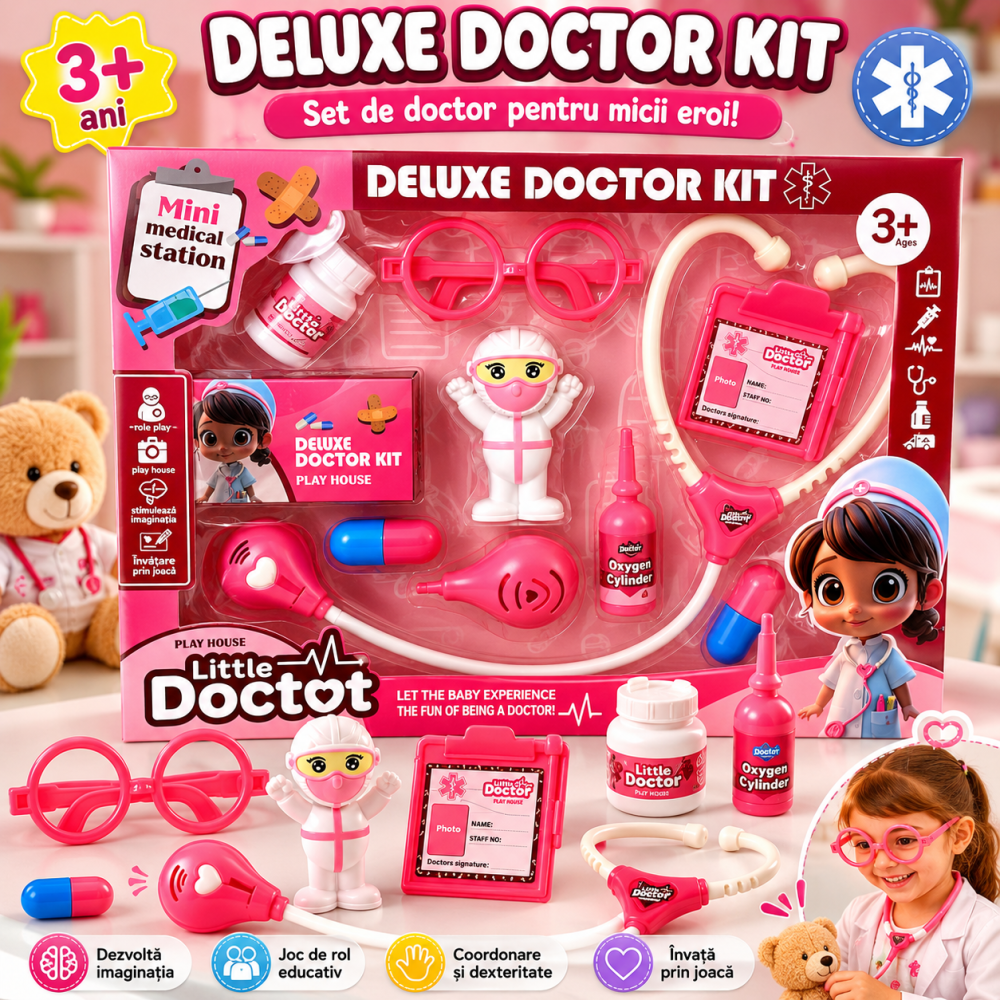 Set de doctor Little Doctor Deluxe roz cu accesorii medicale, stetoscop si ochelari, joc de rol pentru copii 3+ ani [2]