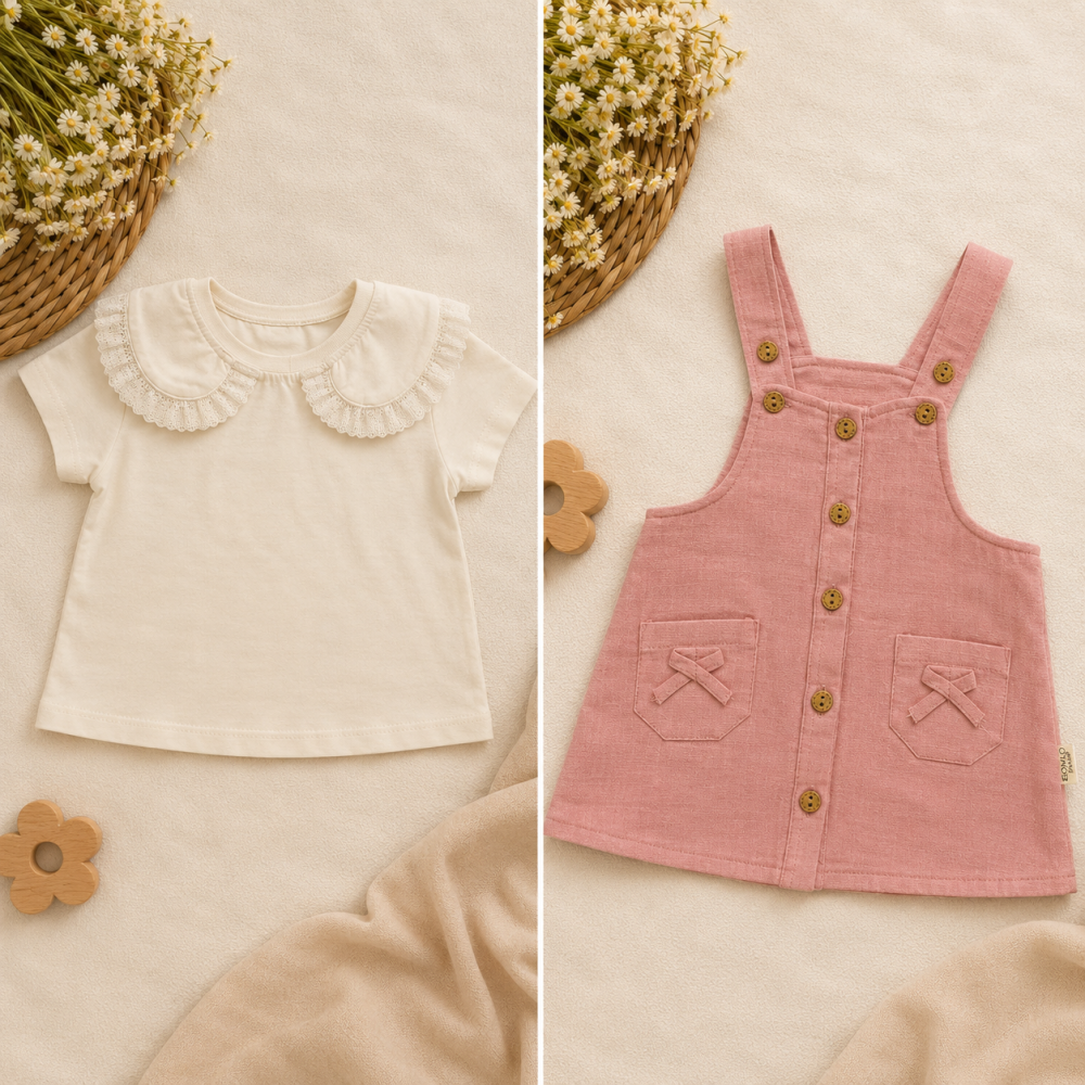 Set din 2 piese pentru fetite Bomlo - tricou alb si rochita roz [4]