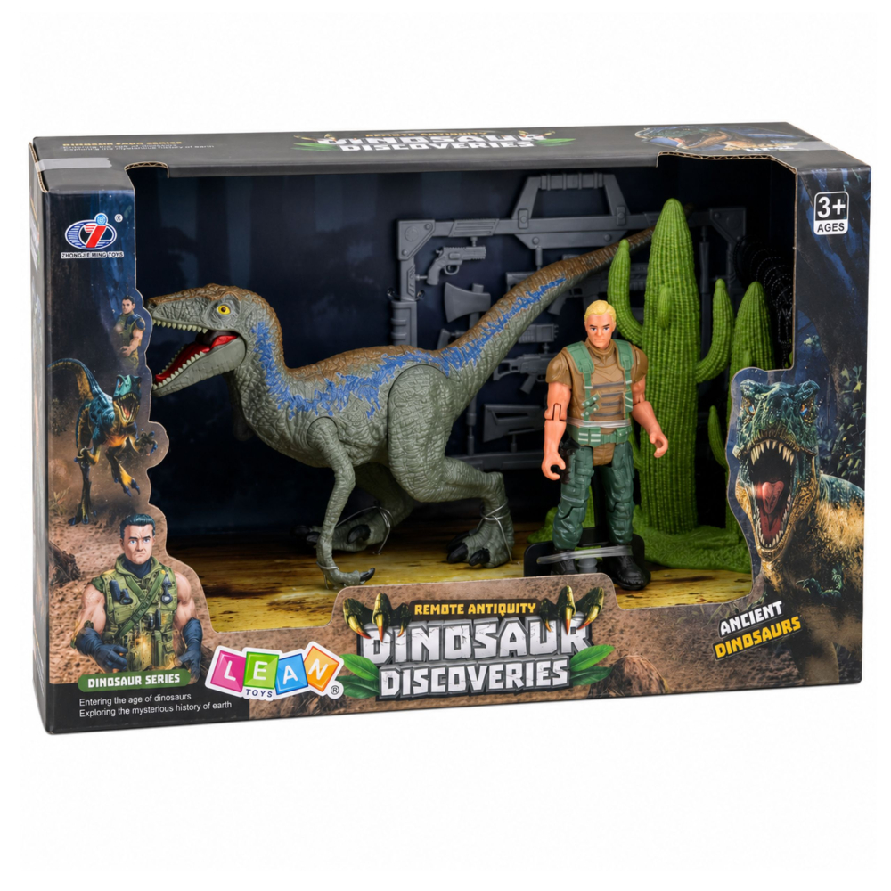 Set dinozaur LEAN Toys cu figurina de vanator, membre mobile, plasa si accesorii 3 ani+ [6]