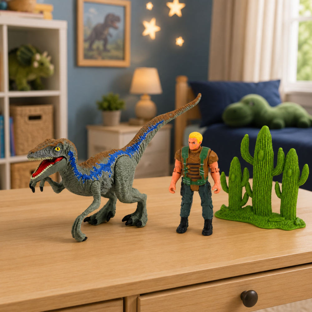 Set dinozaur LEAN Toys cu figurina de vanator, membre mobile, plasa si accesorii 3 ani+ [4]