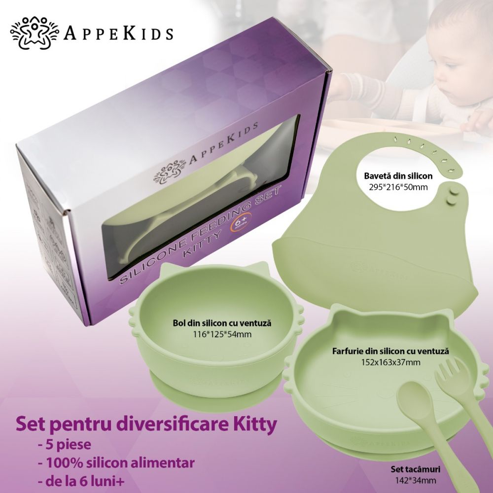 Set Diversificare, AppeKids, 100% Silicon, Kitty - Verde [2]