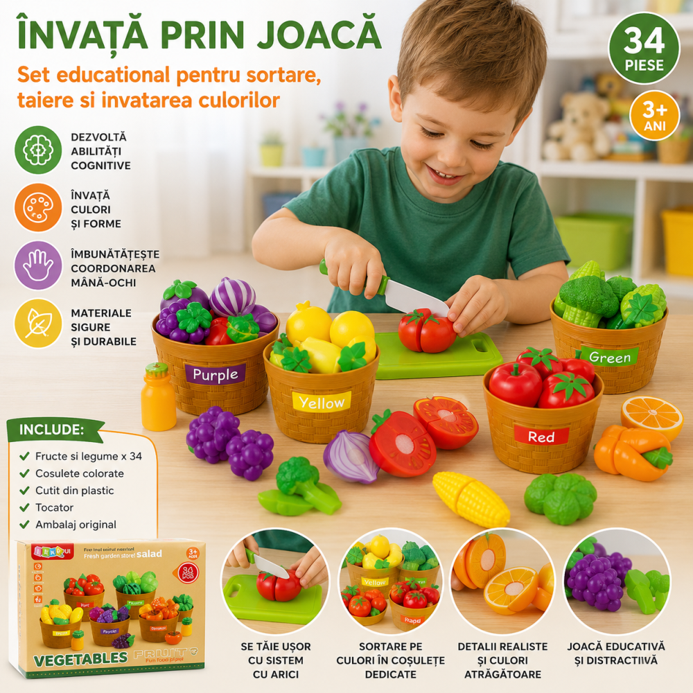 Set Educativ copii Sortare Fructe si Legume pentru Taiat 34 piese 3 ani+ [2]