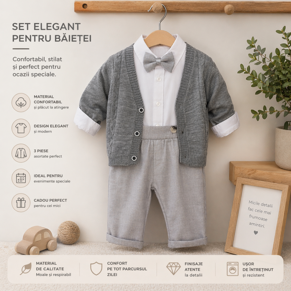 Set elegant baieti body camasa papion bluza si pantaloni gri Concept [2]