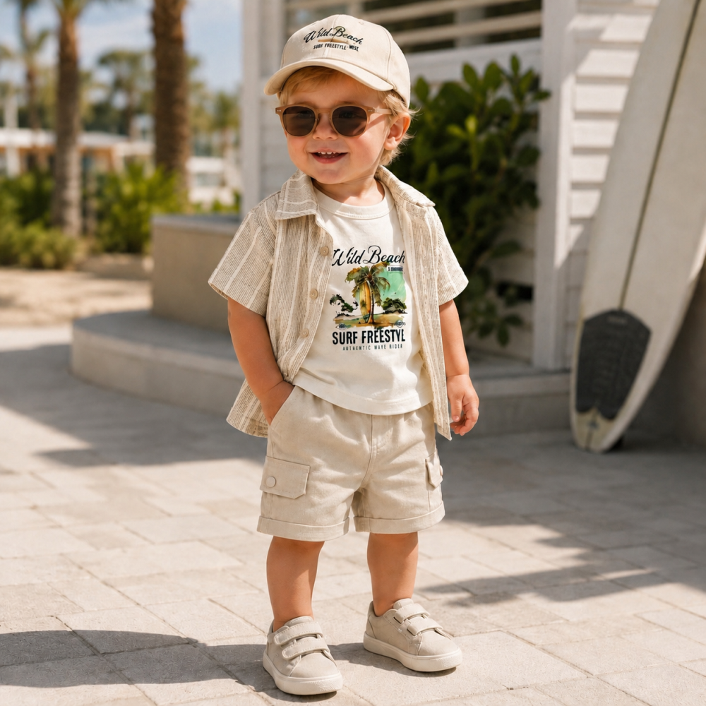 Set elegant baieti Confort Baby camasa cu maiou si bermude crem [3]