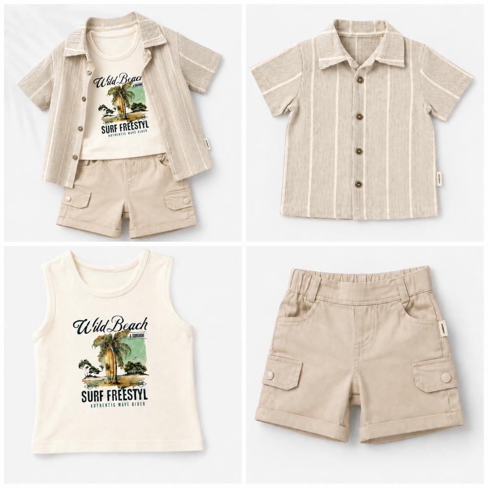 Set elegant baieti Confort Baby camasa cu maiou si bermude crem [2]