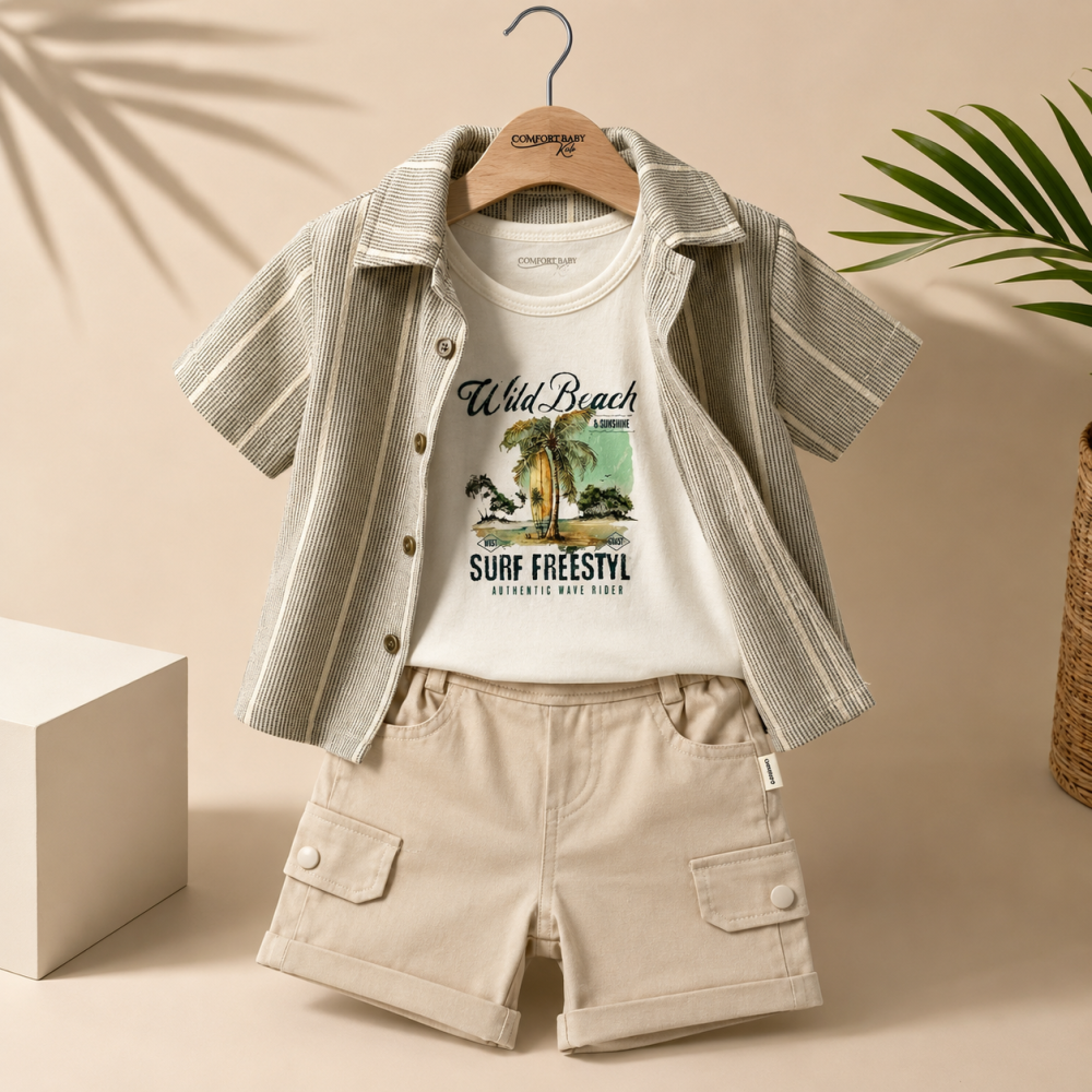 Set elegant baieti Confort Baby camasa verde cu maiou si bermude crem [2]