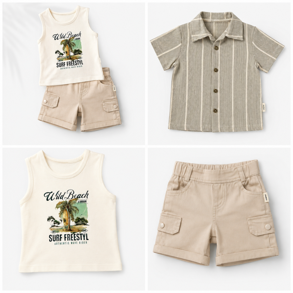 Set elegant baieti Confort Baby camasa verde cu maiou si bermude crem [3]