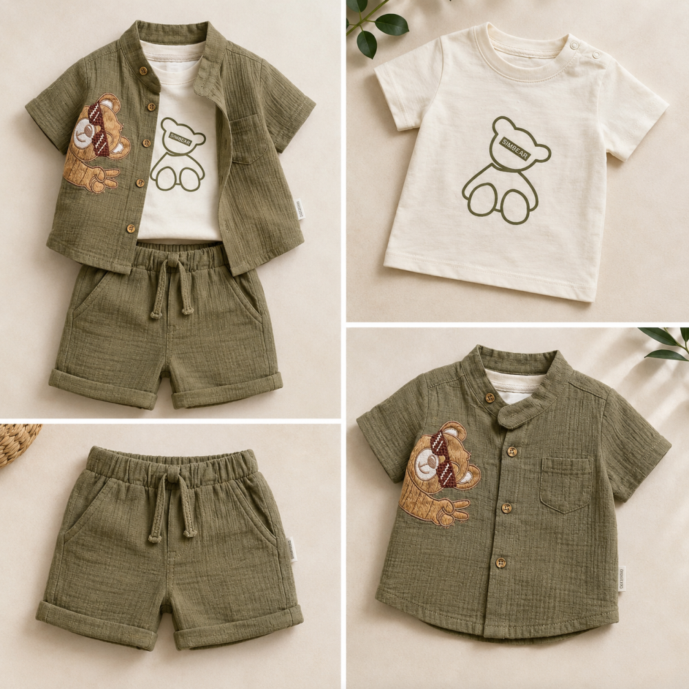 Set elegant baieti Confort Baby cu camasa verde, tricou si bermude [3]