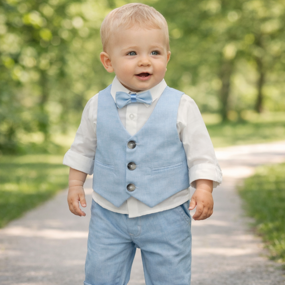 Set elegant baieti cu vesta camasa papion si pantaloni albastri [3]