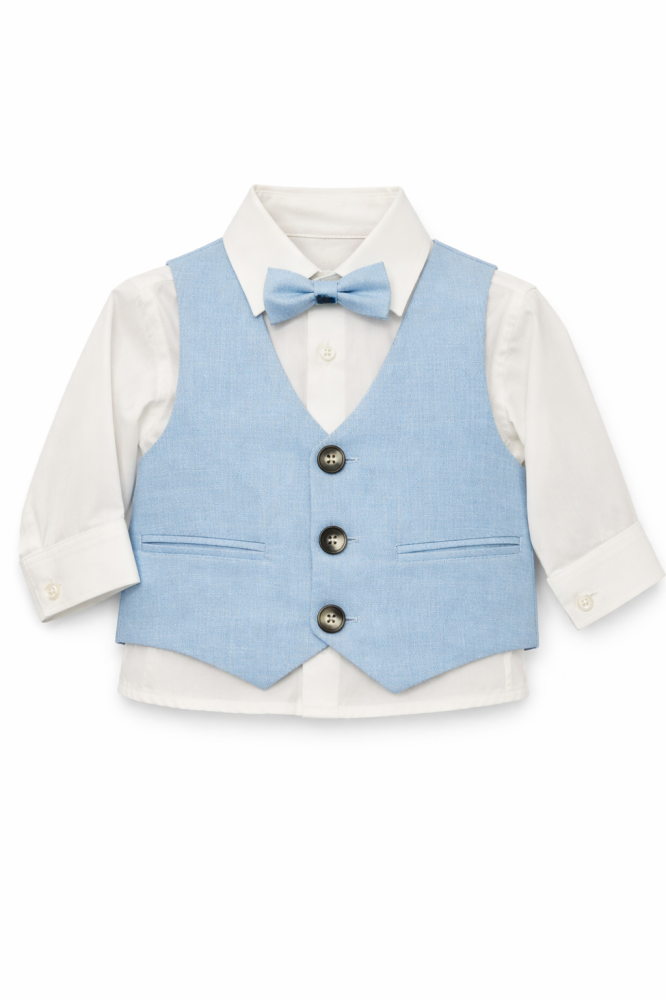 Set elegant baieti cu vesta camasa papion si pantaloni albastri [2]