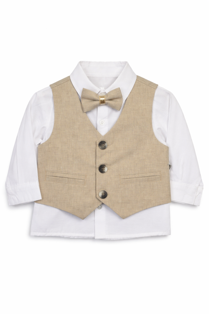 Set elegant baieti cu vesta camasa papion si pantaloni bej [3]