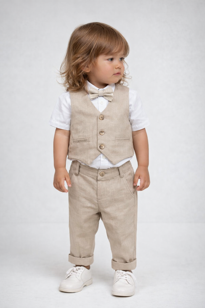 Set elegant baieti cu vesta camasa papion si pantaloni bej [4]