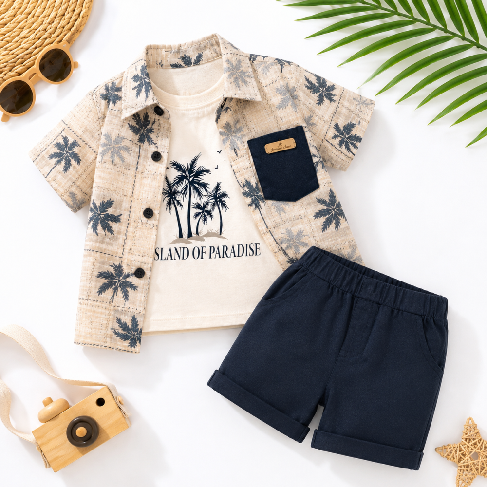 Set elegant baieti Junior cu camasa imprimeu palmieri, tricou si bermude [2]