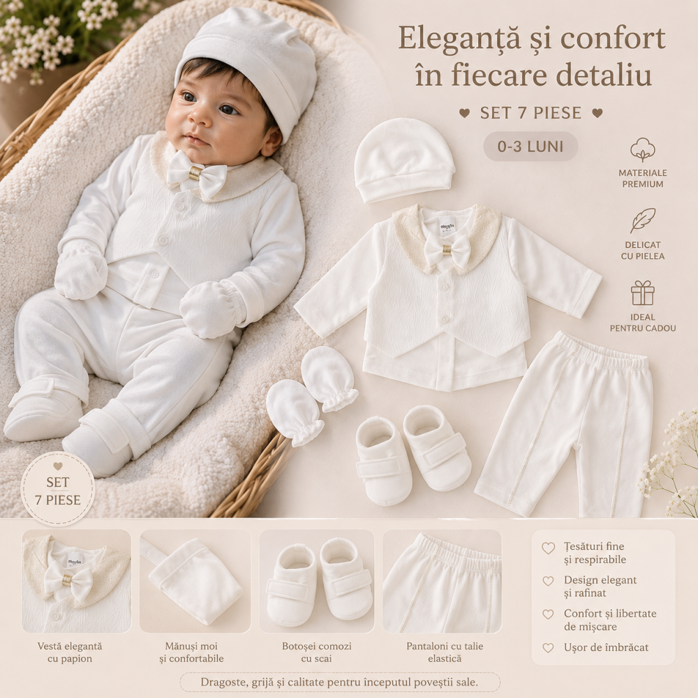 Set elegant bebe baieti 7 piese cu papion vesta pantaloni manusi si botosi alb 0-3 luni [2]