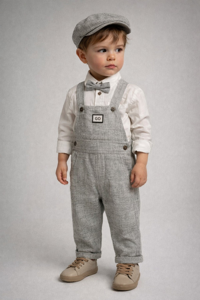 Set elegant bebe gri cu salopeta camasa papion si palarie Oryeda [4]