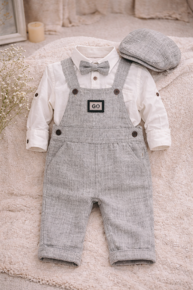 Set elegant bebe gri cu salopeta camasa papion si palarie Oryeda [3]