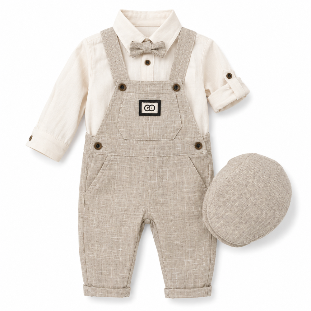 Set elegant bebe gri cu salopeta camasa papion si palarie Oryeda [2]