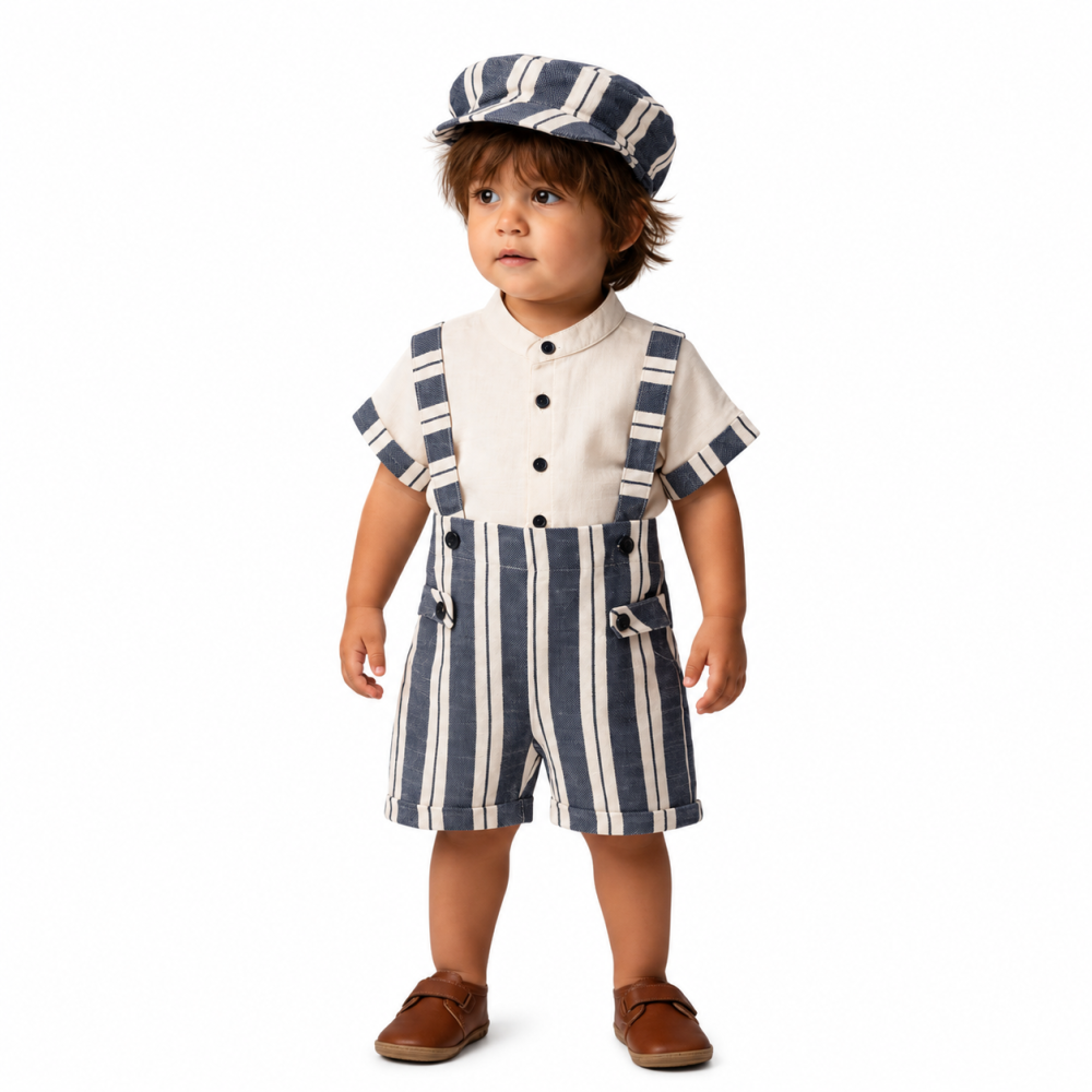 Set elegant copii baieti Junior tricou salopeta scurta si palarie bumbac albastru 6-9-18-24 luni [2]