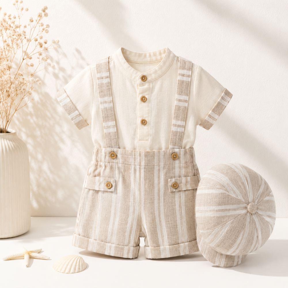 Set elegant copii baieti Junior tricou salopeta si palarie bumbac crem 6-24 luni [2]