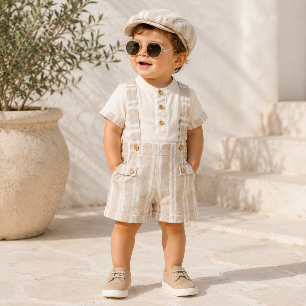 Set elegant copii baieti Junior tricou salopeta si palarie bumbac crem 6-24 luni [3]