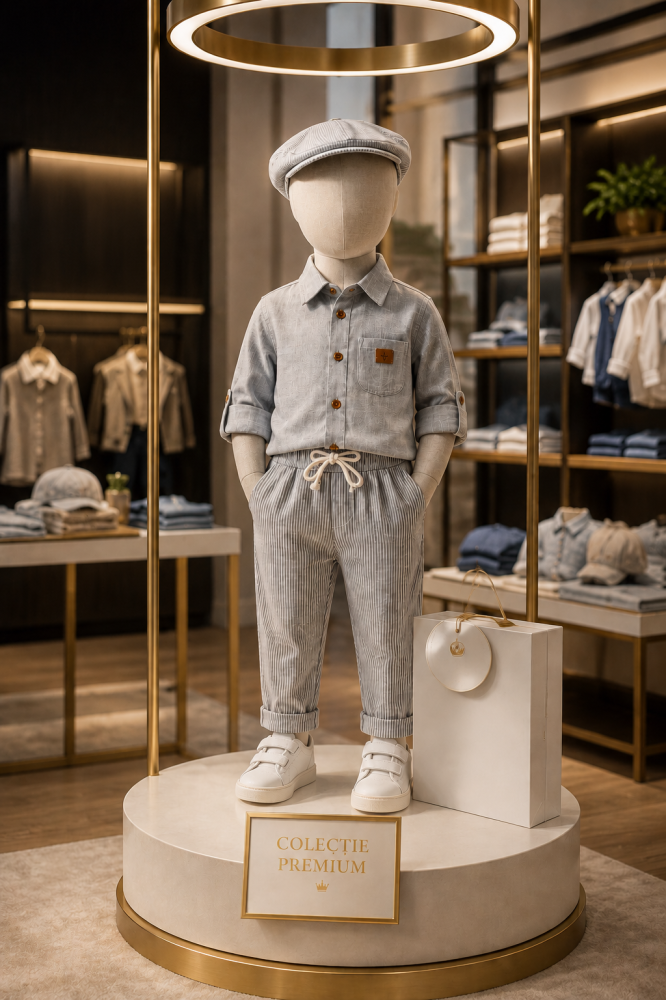 Set elegant copii pentru baieti Oryeda camasa pantaloni si palarie bumbac gri 6-24 luni [2]