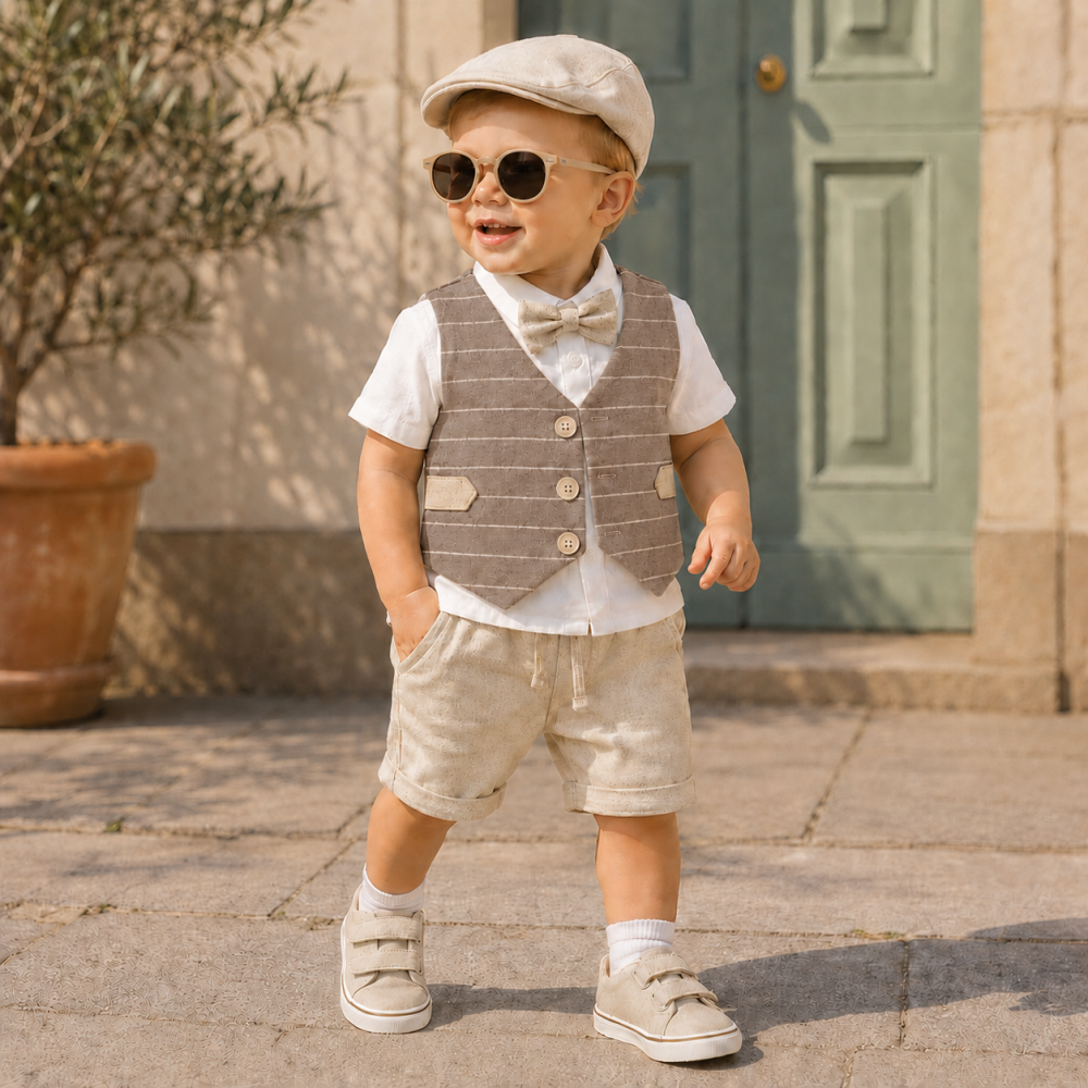 Set elegant copii camasa vesta bej si pantaloni scurti [3]