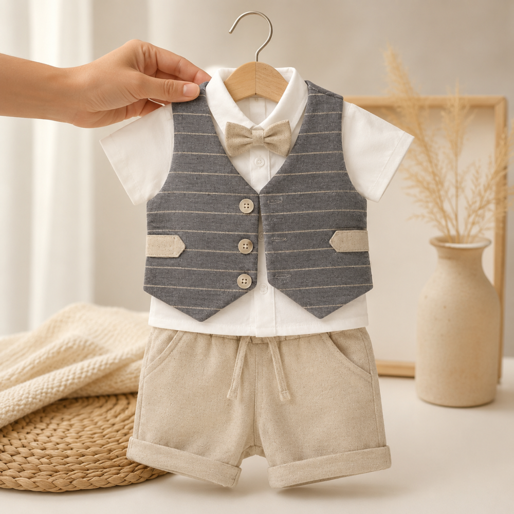 Set elegant copii camasa vesta si pantaloni scurti bej [2]