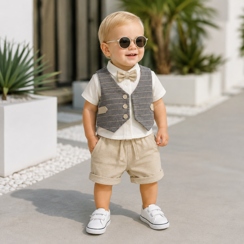Set elegant copii camasa vesta si pantaloni scurti bej [3]