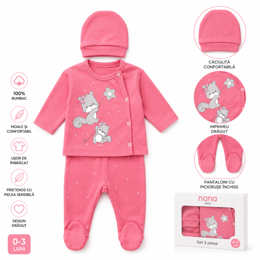 Set fete Nana Baby roz 3 piese bluza pantaloni caciula bumbac 0-3 luni [3]
