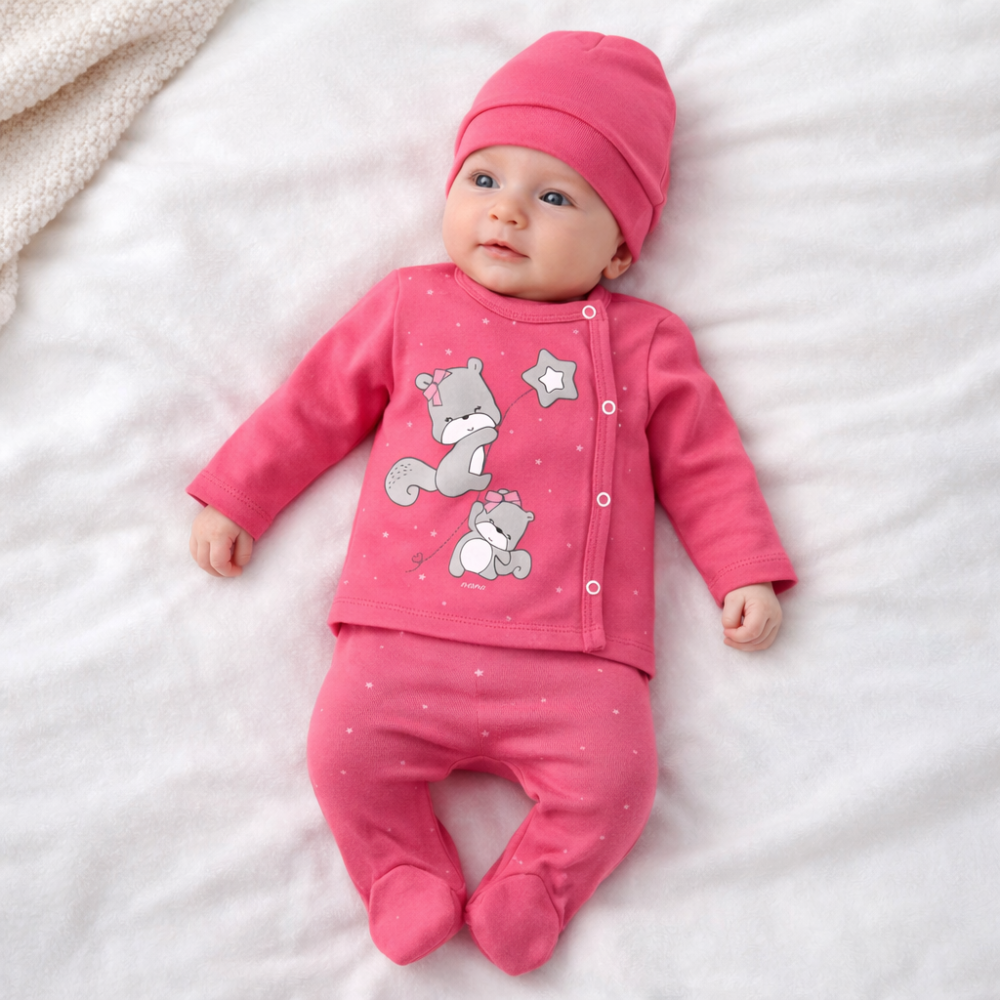 Set fete Nana Baby roz 3 piese bluza pantaloni caciula bumbac 0-3 luni [2]