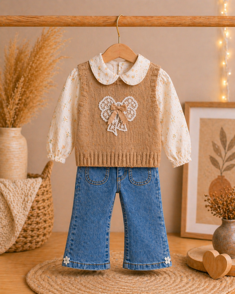 Set fetite 3 piese cu vesta maro bluzita florala si pantaloni blugi Olix [2]