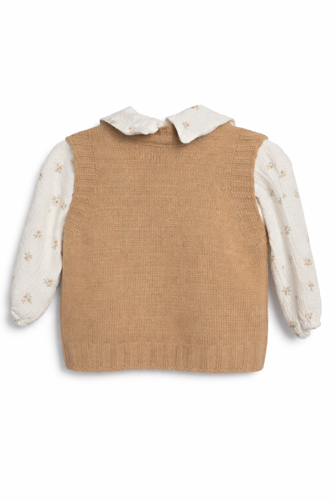 Set fetite 3 piese cu vesta maro bluzita florala si pantaloni blugi Olix [3]