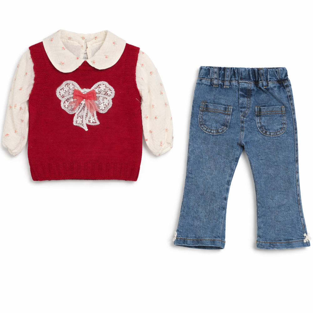 Set fetite 3 piese cu vesta rosie bluzita florala si pantaloni blugi Olix [2]