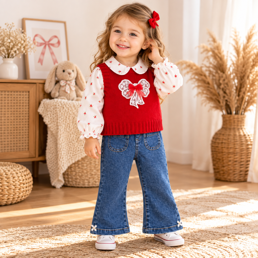 Set fetite 3 piese cu vesta rosie bluzita florala si pantaloni blugi Olix [2]