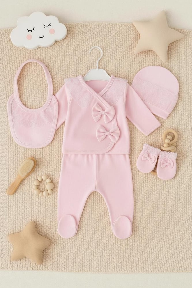 Set Fetite 5 Piese Roz Pal cu Dantela – Bluza, Pantaloni, Babetica, Caciulita si Manusi – 0-3 Luni [2]