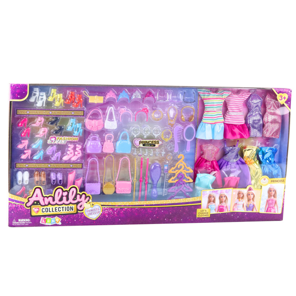 Set haine si accesorii papusi Anlily – 10 rochii, 18 perechi incaltaminte, genti si bijuterii [3]