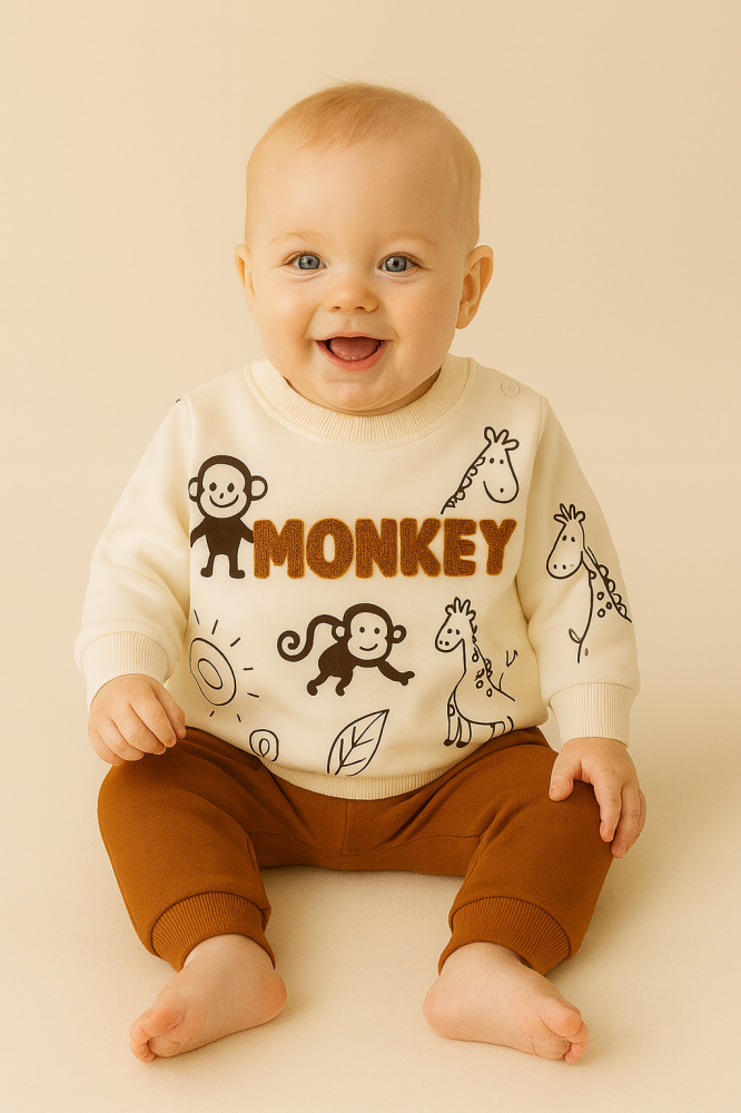 Set hanorac si pantaloni bebelusi din bumbac ALB – Monkey [2]