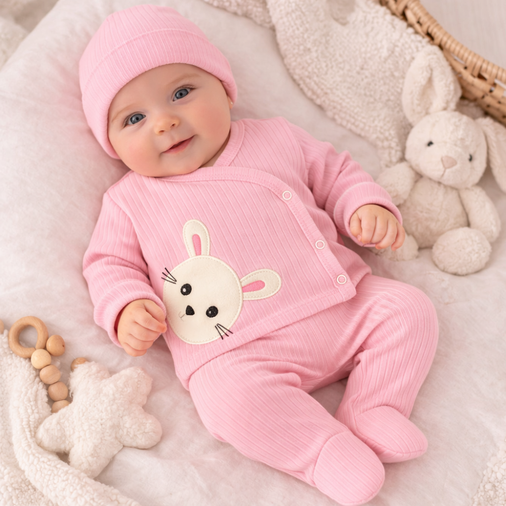 Set Nana 3 piese bebelusi – bluza, pantaloni si caciulita din bumbac, Roz [3]