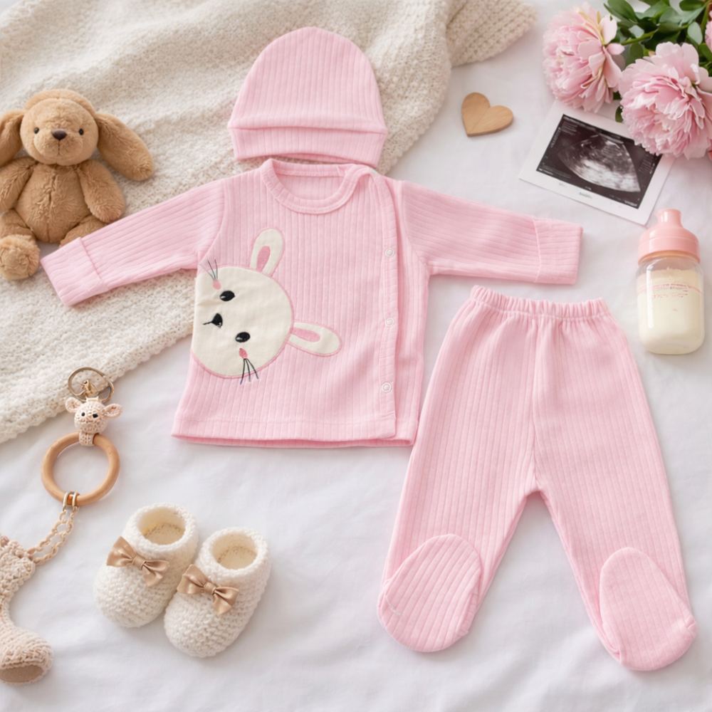 Set Nana 3 piese bebelusi – bluza, pantaloni si caciulita din bumbac, Roz [2]