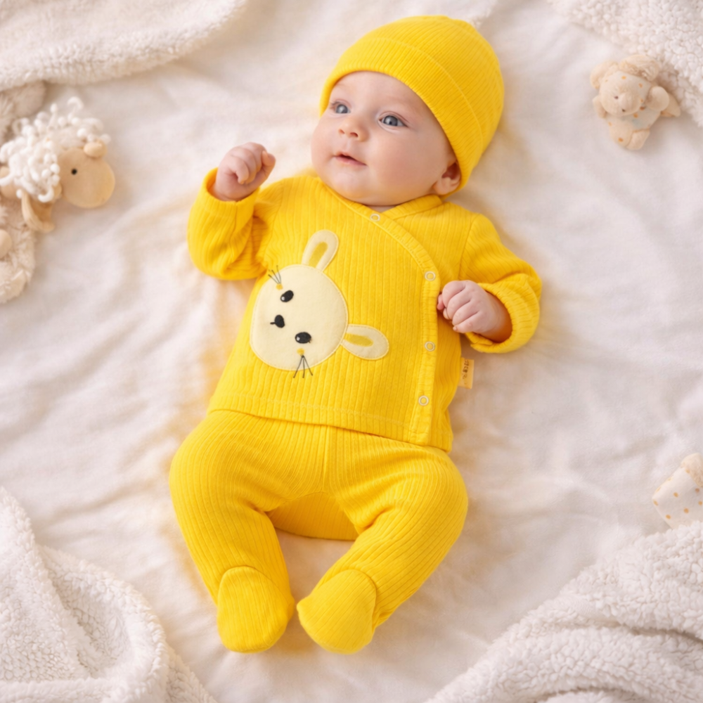 Set Nana 3 piese bebelusi – bluza, pantaloni si caciulita din bumbac, Galben [3]
